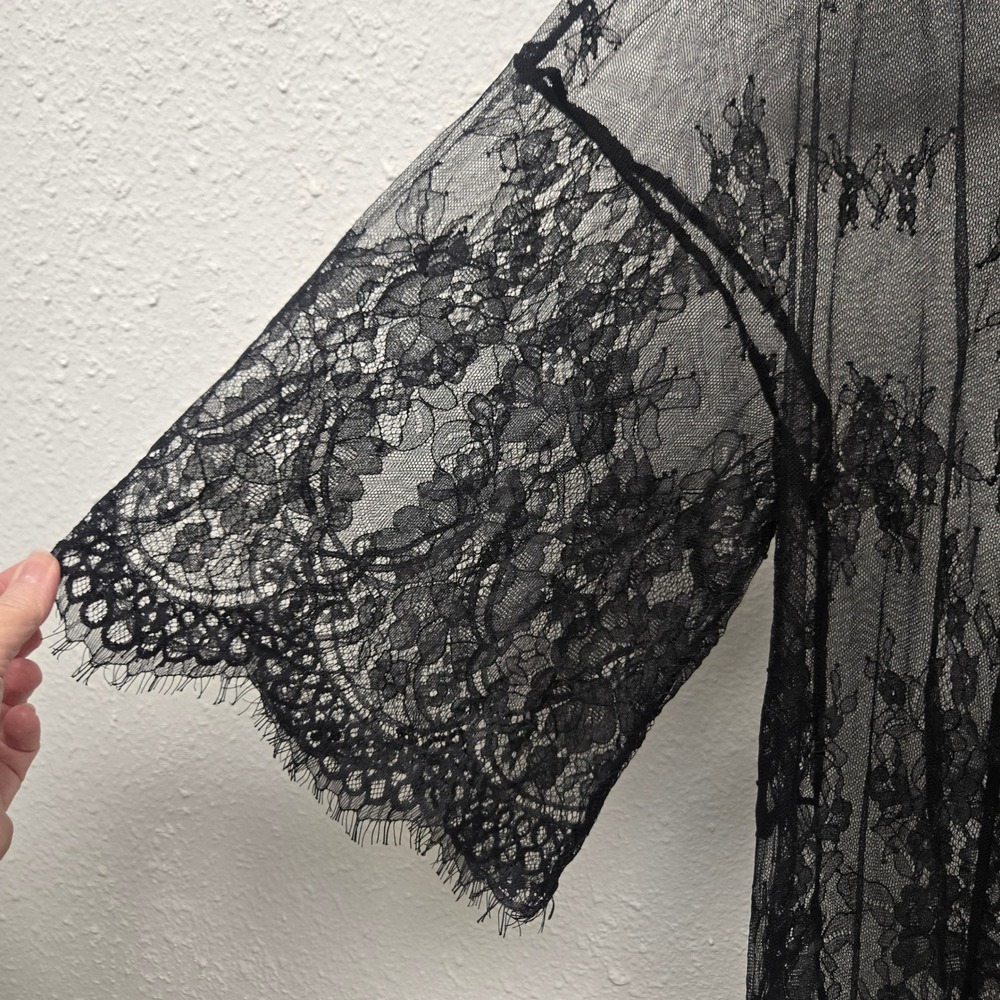 Avidlove Black Floral Lace Robe Sheer Eyelash Trim Kimono Sleeve Medium - Picture 6 of 12
